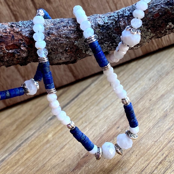 Genuine Moonstone + Lapis Lazuli Gemstone Necklace - Picture 5 of 10